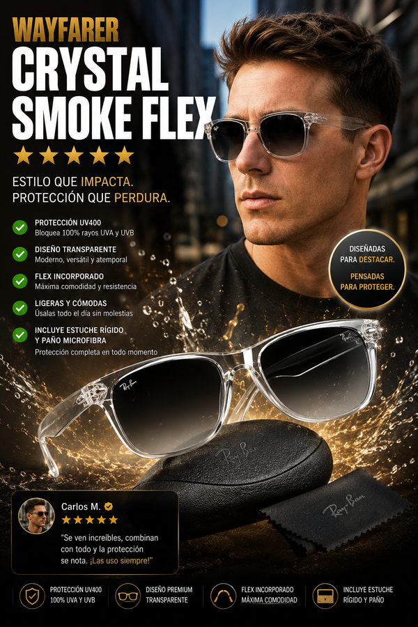 Gafas Wayfarer Crystal Smoke Flex + Estuche Rígido y Paño Microfibra