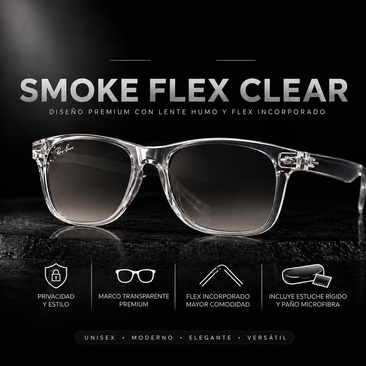 Gafas Wayfarer Crystal Smoke Flex + Estuche Rígido y Paño Microfibra