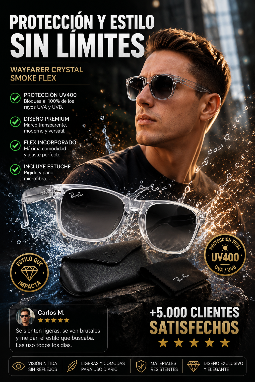 Gafas Wayfarer Crystal Smoke Flex + Estuche Rígido y Paño Microfibra